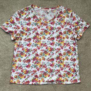 Fresh Produce T-Shirt Womens Large Floral White Pink V-neck Preppy Colorful